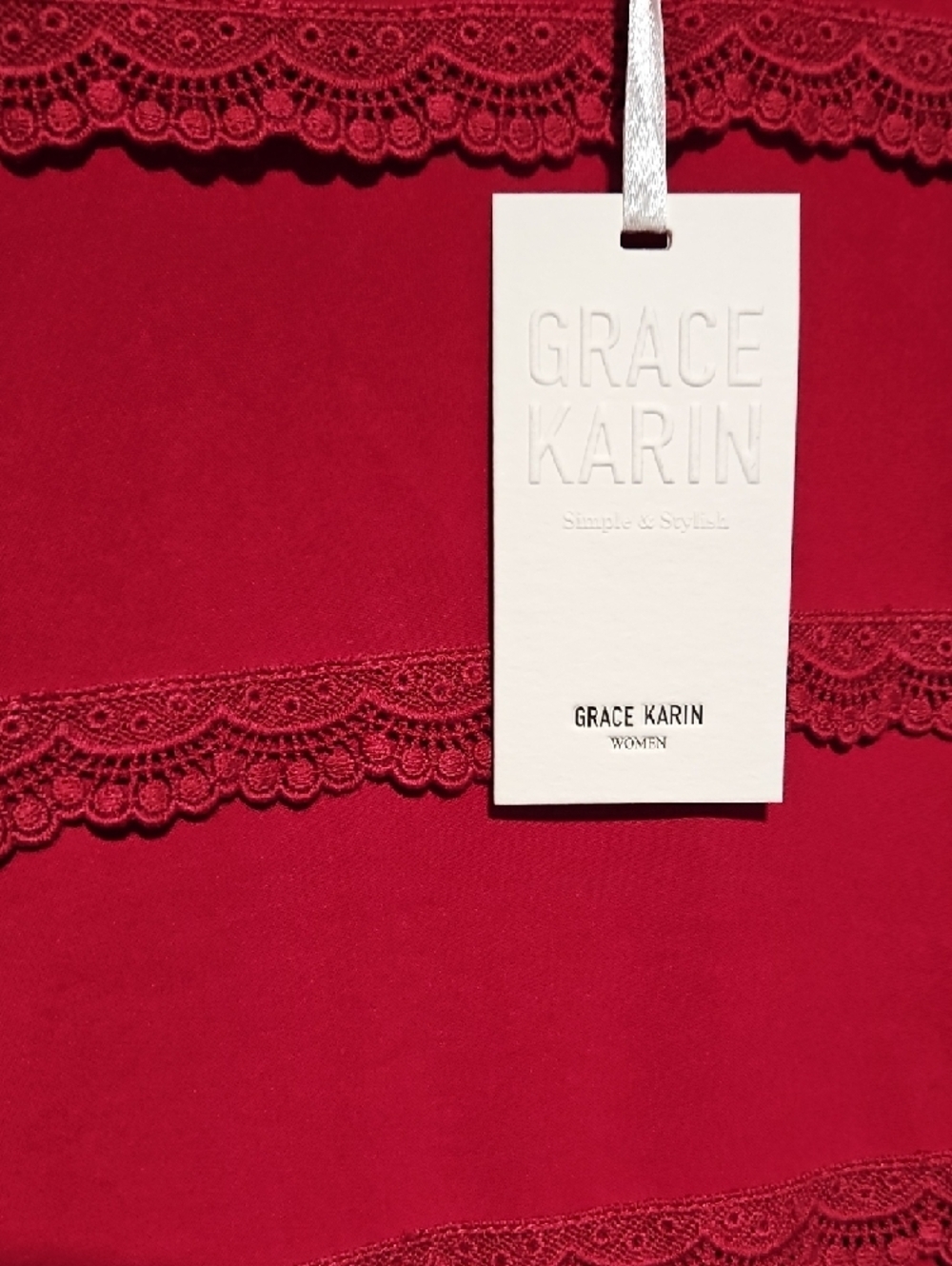 Grace Karin Red Lace-Striped Long Sleeve Blouse - Picture 2 of 5